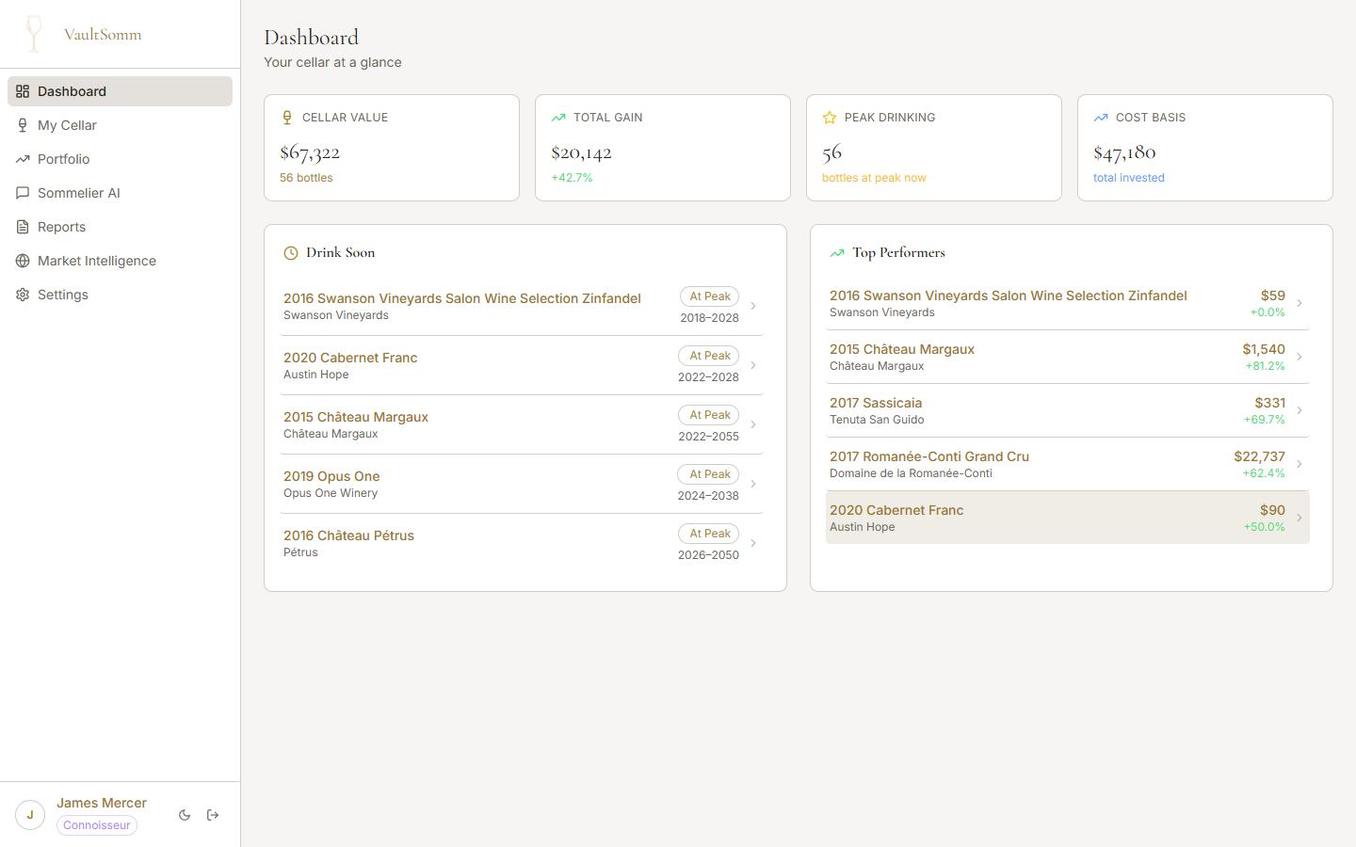 VaultSomm Dashboard showing cellar value $67,322 and top performing bottles