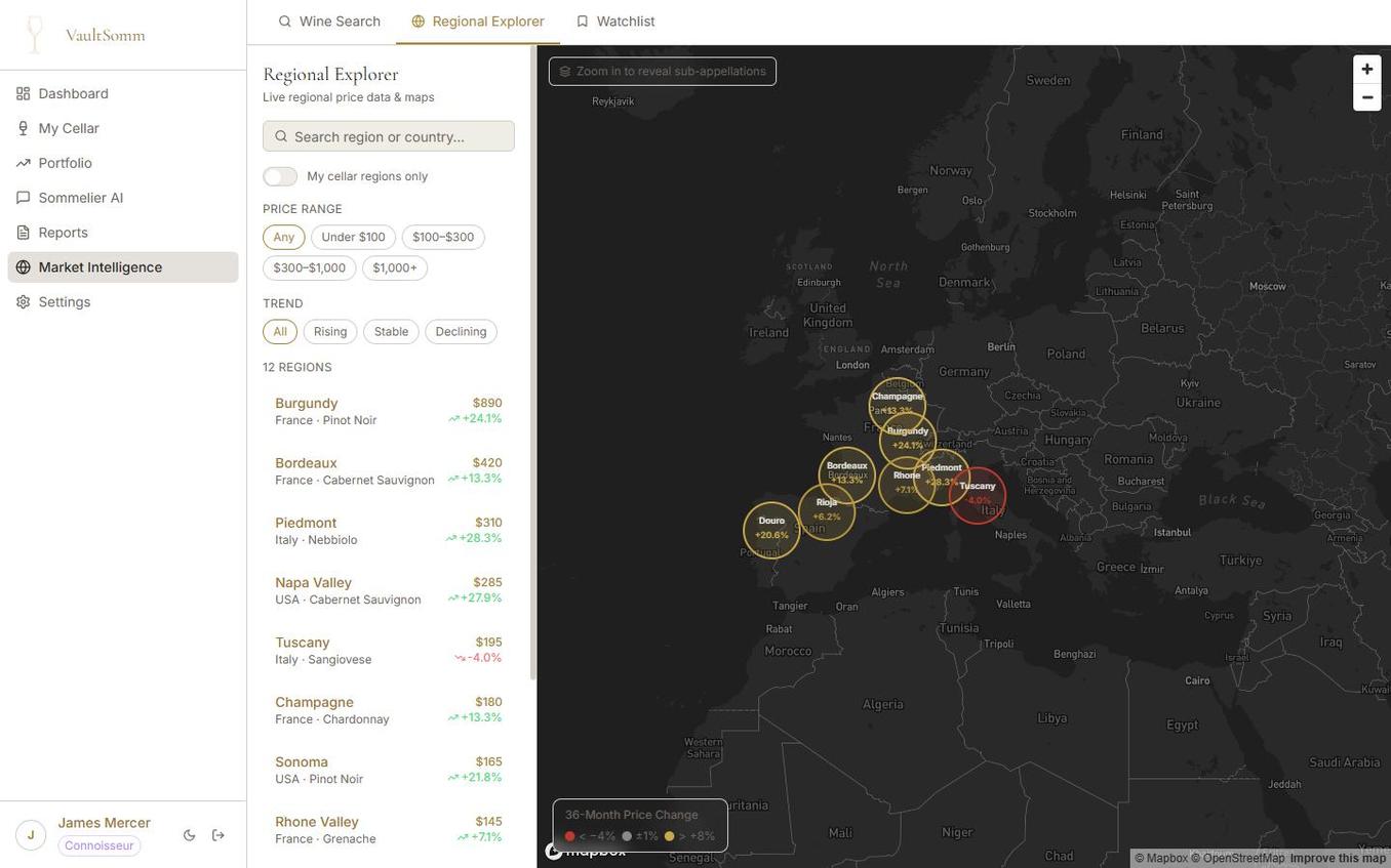 VaultSomm Regional Explorer interactive map showing 12 wine regions with 36-month price trends