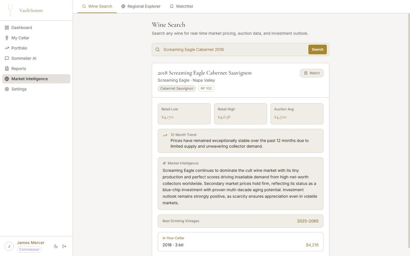 VaultSomm Market Intelligence search result for Screaming Eagle Cabernet 2018 showing retail low $4,170 retail high $4,638 and auction avg $4,500